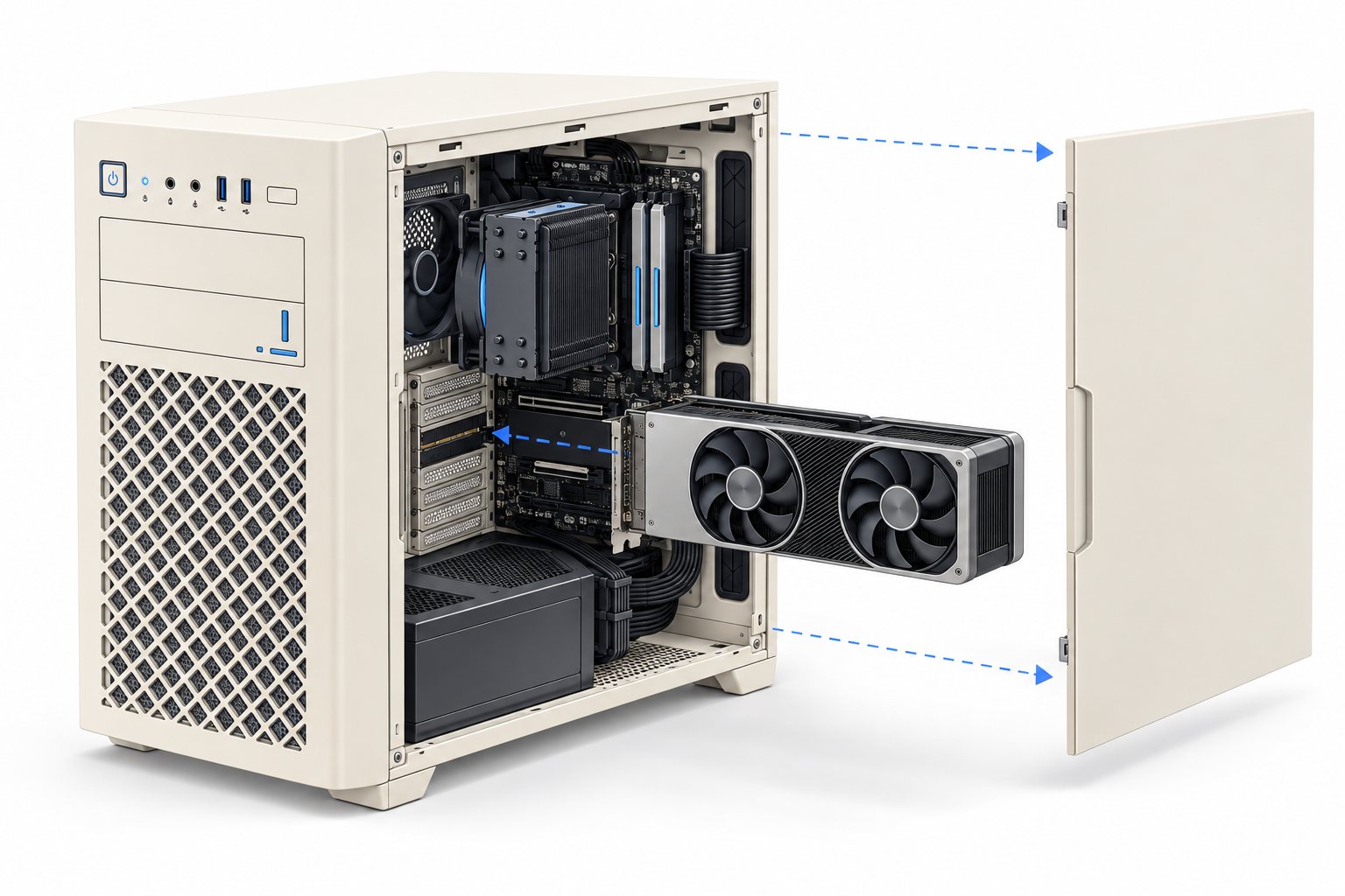 Standard tower concept with the side panel removed and graphics card shown outside its slot